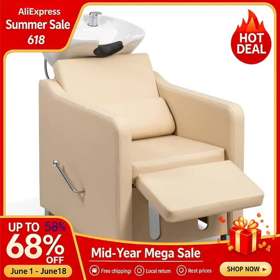 

Shampoo Backwash Barber Chair with Ceramic Hair Wash Bowl Sink, Adjustable Leg Baffle, Reclining Shampoo Station Chair, Custom