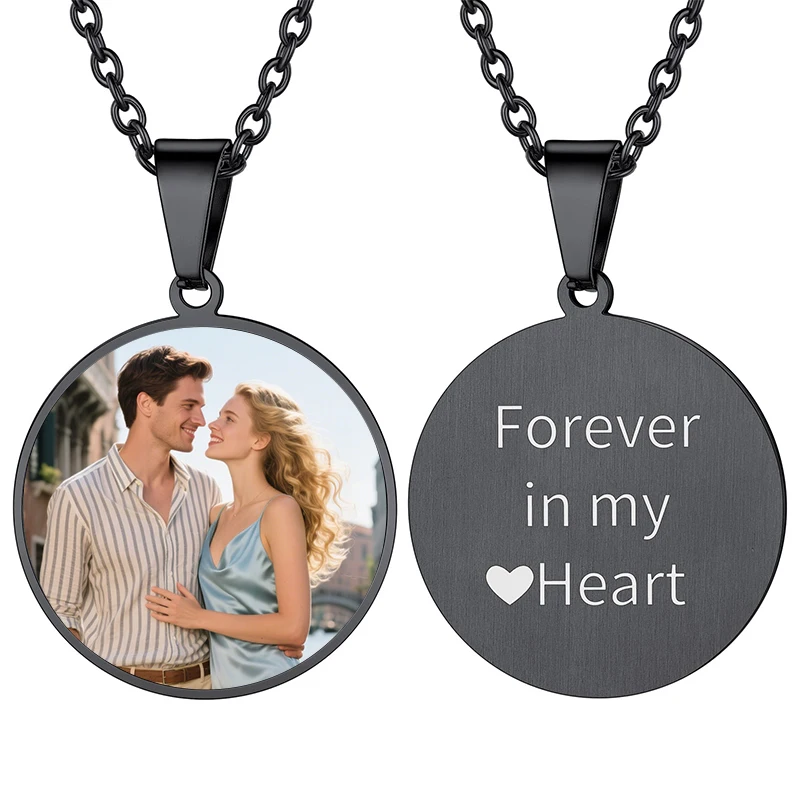 

Personalized Photo Necklace Men Women, Stainless Steel Custom Picture Image Engrave Text Round Pendant DIY Memorial Jewelry