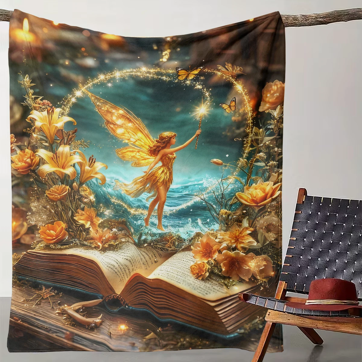 

1 Gold Magical Fairy and Fantasy Book Blanket, Fairy Tale Style Dreamy Home Decoration Warm Blanket