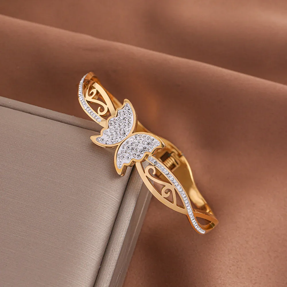 

Stainless Steel Bracelet Gold Plated Spring Buckle Zircon Butterfly Bangles Wrist Jewelry accessories Gift For Women Браслет