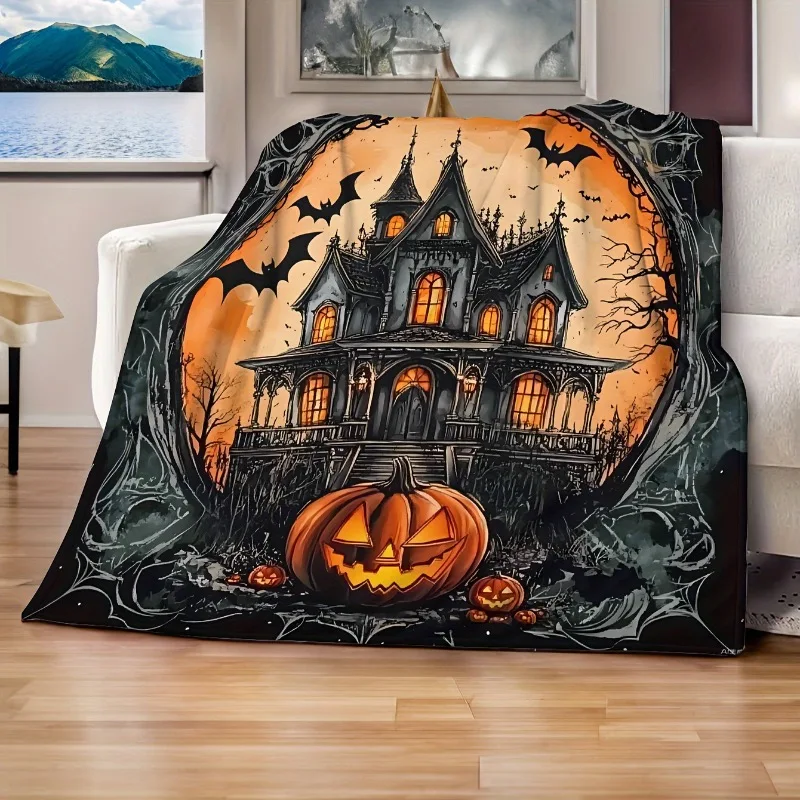 Mid Century Horror-Themed Flannel Throw Blanket - Soft Digital Print Polyester Halloween Castle Design Warm Plush Couch Bedding