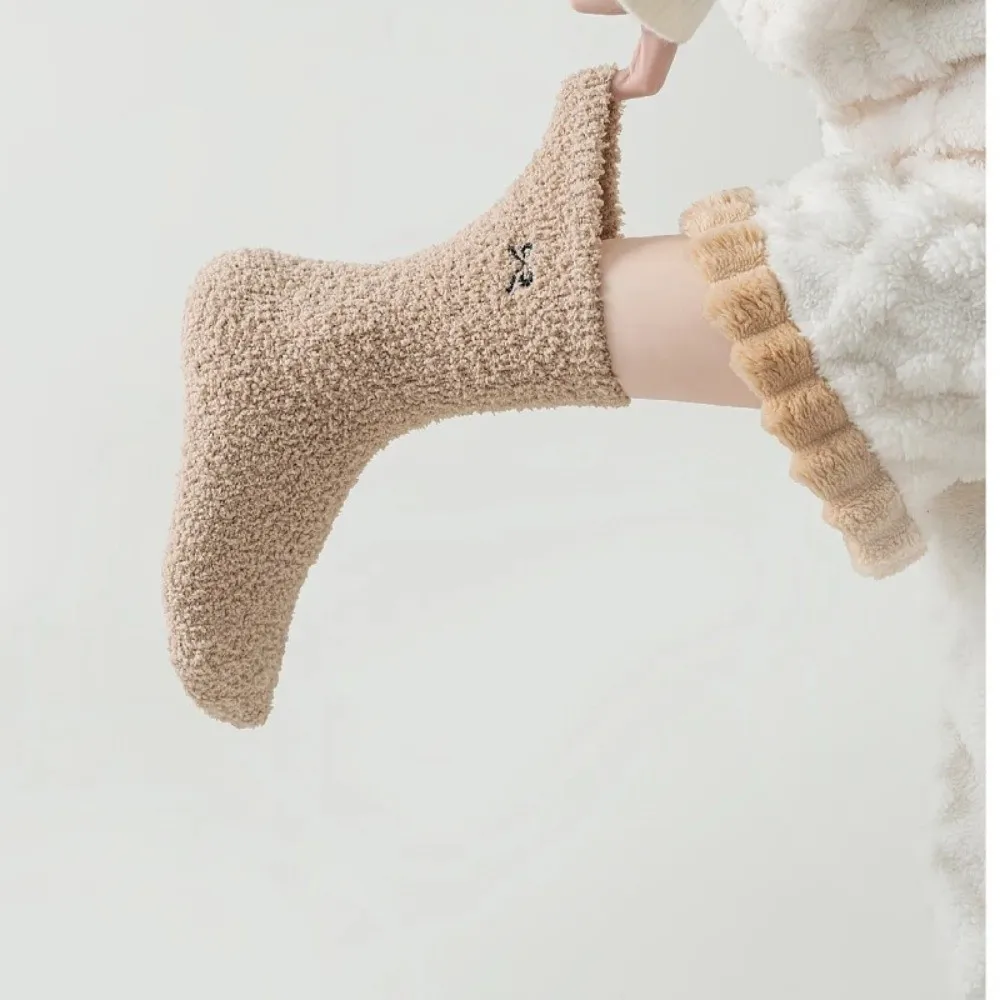 

Autumn Winter Warm Floor Socks Fleece Thickened Embroidered Furry Socks Soft Bowknot Mid-tube Stockings Women