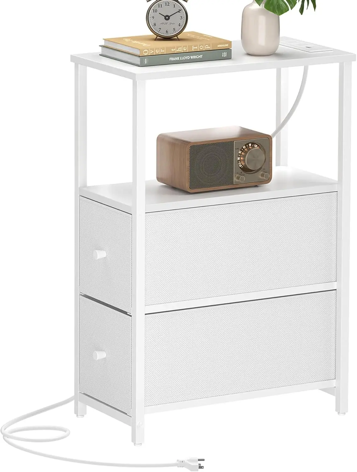 

Small Narrow End Table with Charging Station, Side Table with Outlets, Nightstand with 2 Cloth Drawers, Couch Table, for