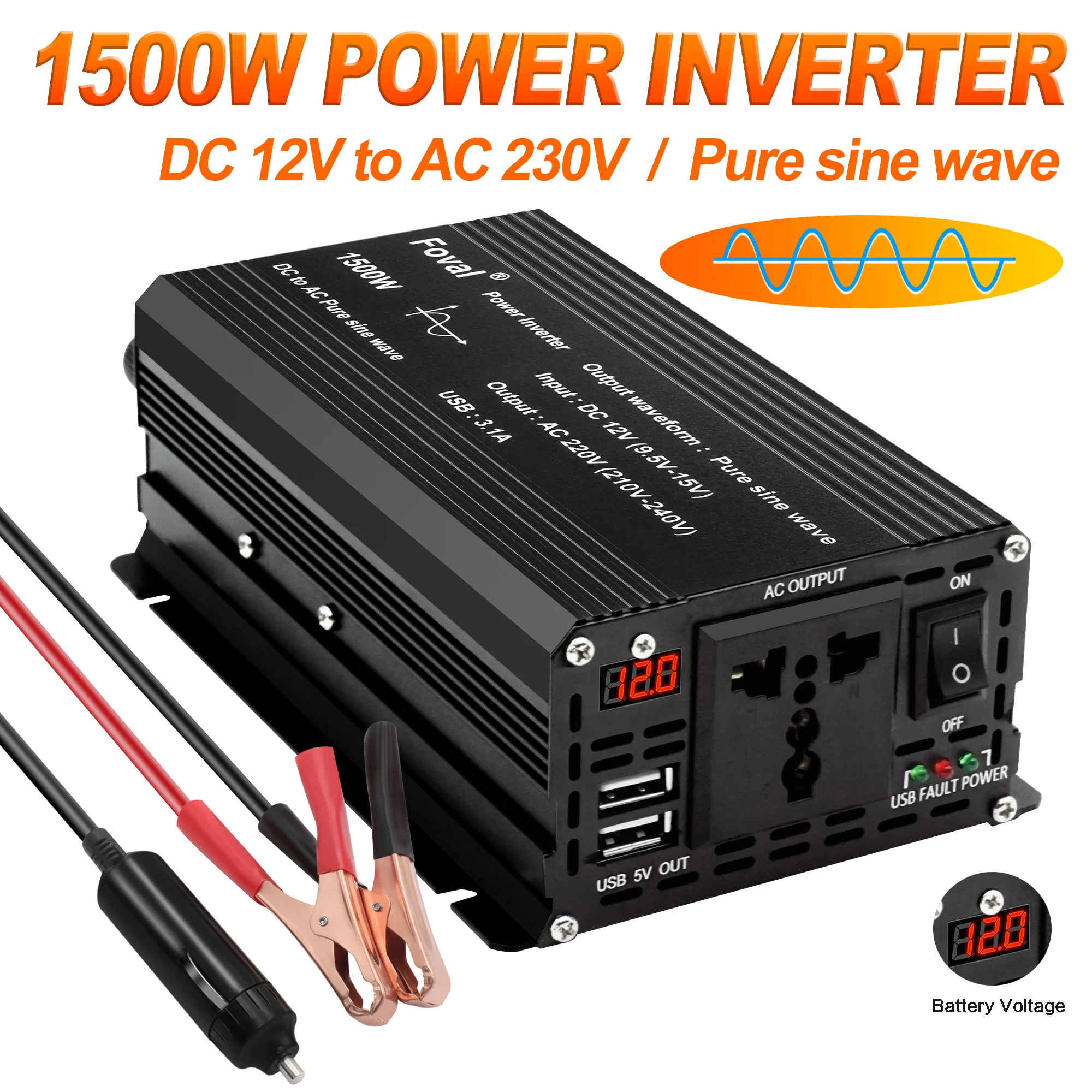 Inverter Pure Sine Wave  DC 12V To AC 220V 1500W 2200W 2600W Car Power Adapter Inverter 50Hz/60Hz EU  Universal Socket Converter