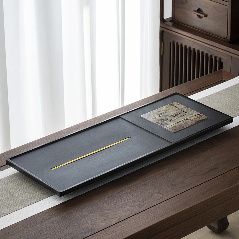 Luxury Modern Natural Wujin Stone Tea Tray with Chinese Painting Inlay Traditional Chinese Living Room Tea Table Home Gift