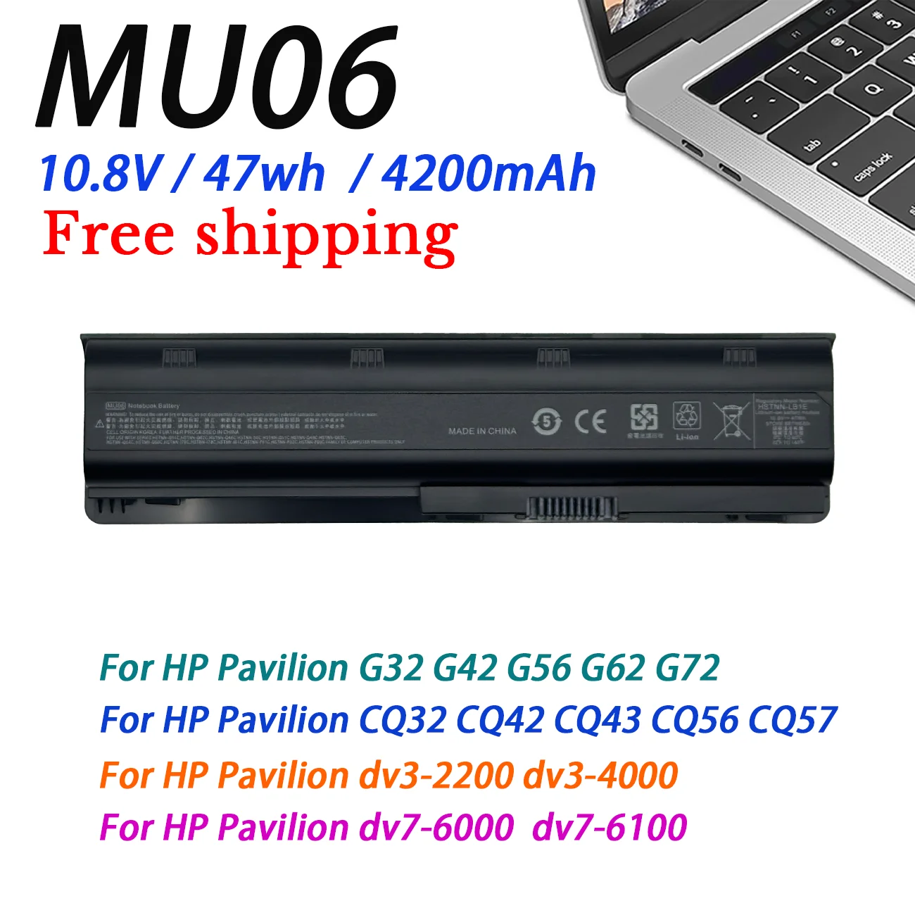 New MU06 Laptop Battery for HP Pavilion G4 G6 G7 CQ42 CQ32 G42 CQ43 G32 DV6 DM4 G72 593562-001 HSTNN-DB0Y/UB0Y/IB0Y TPN-I105