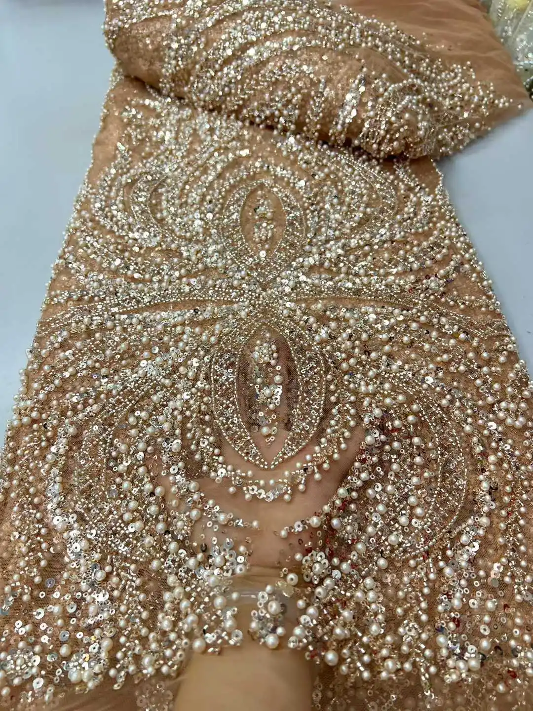 

African Beaded Groom Lace Fabric 2025 High Quality French Mesh Lace Fabric Sequins Nigerian Lace Fabrics For Wedding Dress Sewin