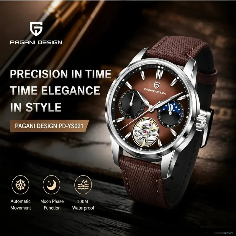 PAGANI DESIGN PD‑YS021 Men Automatic Watch Hollow Skeleton Fine Steel Case Synthetic Sapphire Glass Men Wrist Watch