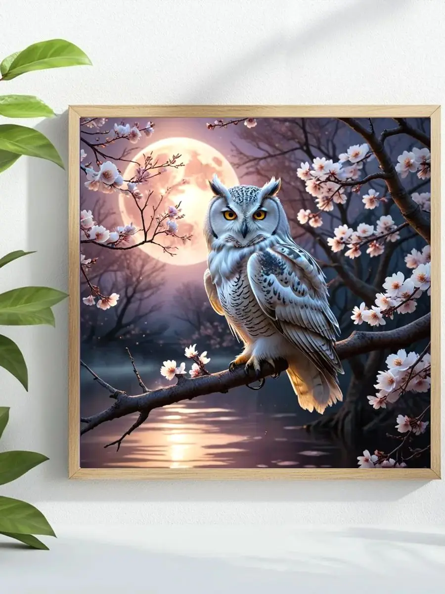 1 Stück 40x40 cm/15,74 Zoll Eule unter dem Mond Kreuzstich-Set DIY-Set 11CT/14CT Hängendes Gemälde als Geschenk Vollstickerei – Detail 1