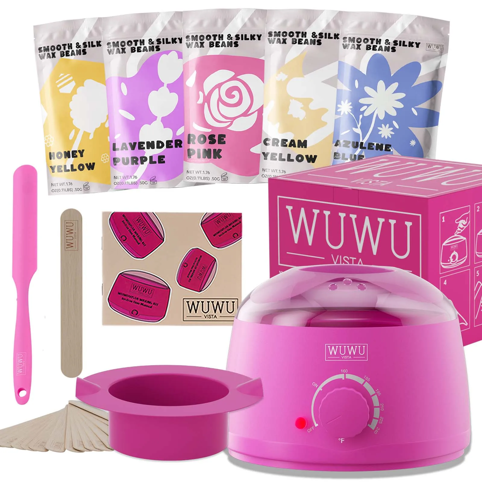 Waxing Kit WUWUVISTA Hair Removal with Melt Warmer Waxing Beads for Face/Brazilian/Full Body/Bikini/Sensitiive skin(19 items)