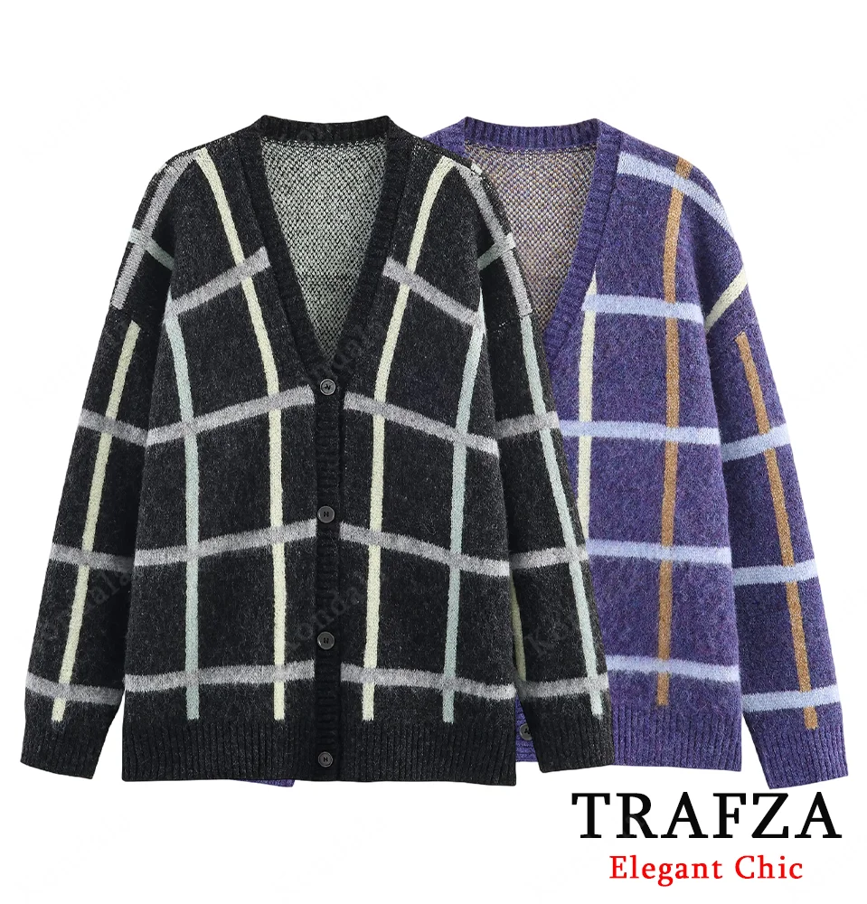 

TRAFZA Autumn Women Casual Chic Cardigan Knitted V-Neck Single Breasted Plaid Cardigan 2025 Fall Winter Elegant Female Knit Coat
