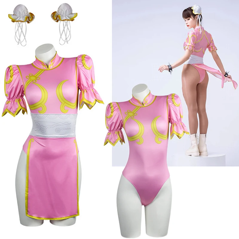 

Game Street Chun Li Cosplay Costumes Pink Split Cheongsam Dresses Adult Women Sexy Bodysuit Headwear Suit Anime Party Outfits