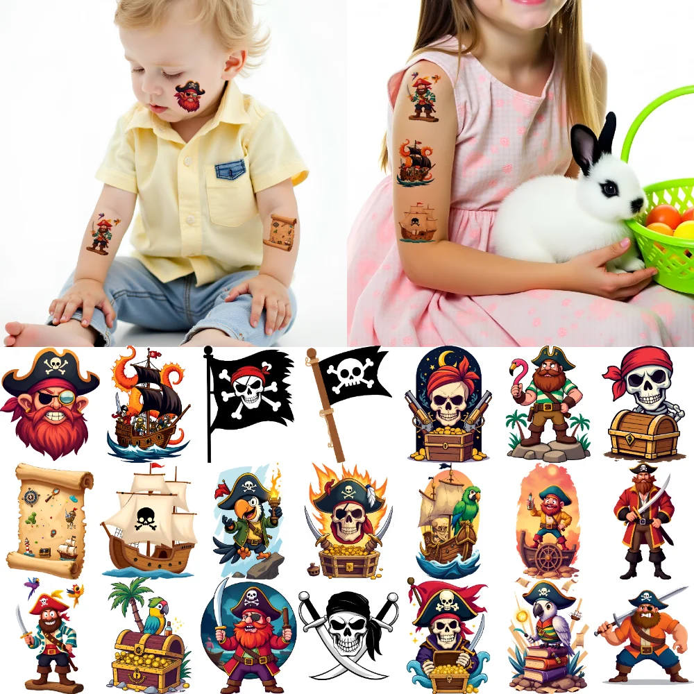

63 шт., временная татуировка, пиратский флаг, мультяшный попугай, пиратская шляпа, временные татуировки, наклейки, пиратский корабль для мужчин, детей, взрослых