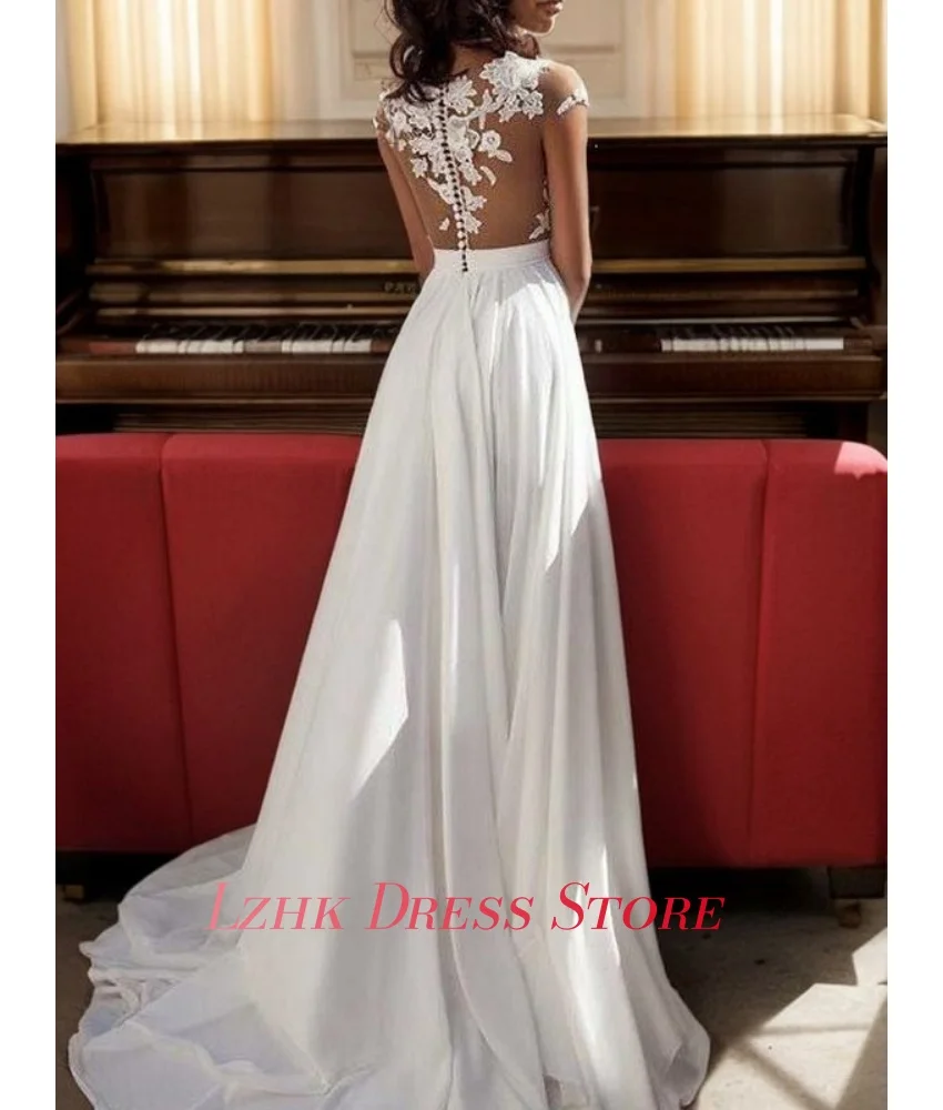 Gaun Pesta Malam Model A-Line Berkualitas Tinggi dengan Aplikasi Kancing, Lengan Pendek Seksi, Kerah O-neck, Panjang Menyentuh Lantai