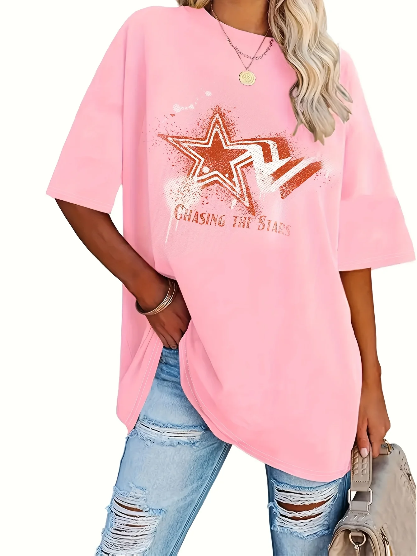 

Весенне-осенний свободный женский топ с короткими рукавами и круглым вырезом 2025 года, трансграничный европейский стиль, экспортная мода Amazon для женщин