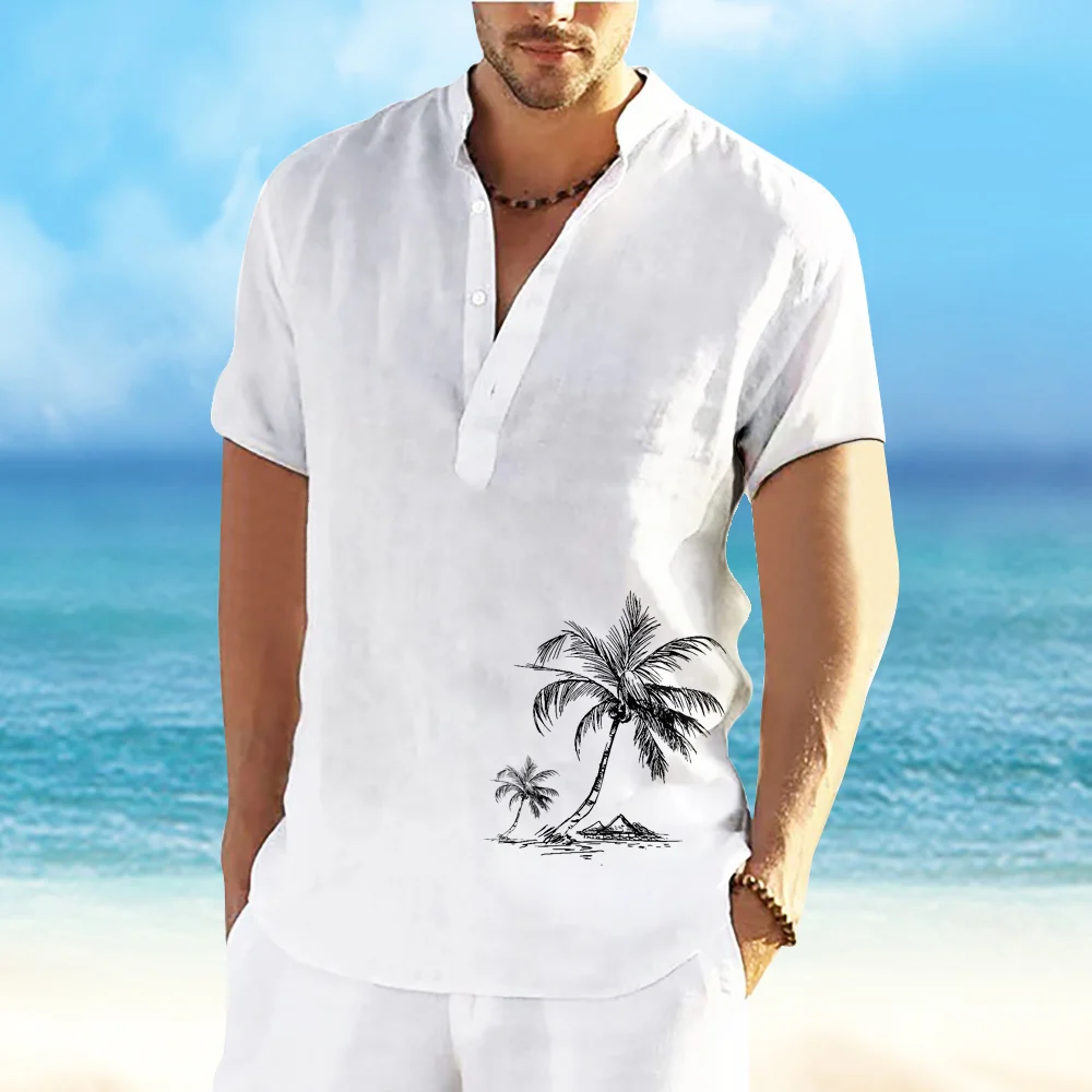 Summer Coconut Tree 3D Print Beach Henley Shirts Men's Oversized Button Stand Collar Short Sleeve T Shirt Tees Tops Man Clothing