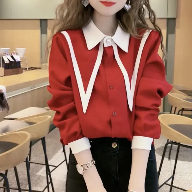 

Elegant Vintage Edge Piping Collar Shirts Women Spring Loose Puff Sleeve Blouses Simple Single Breasted Tops Women