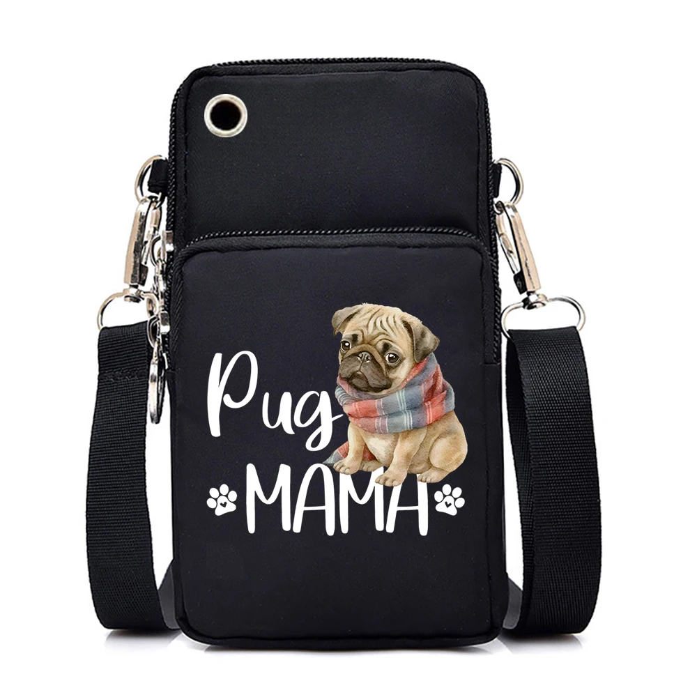 nylon Packet pug mama Graphic Borse a tracolla per telefono unisex cartone animato animale carlino adolescente Borsa per cellulare per portafoglio