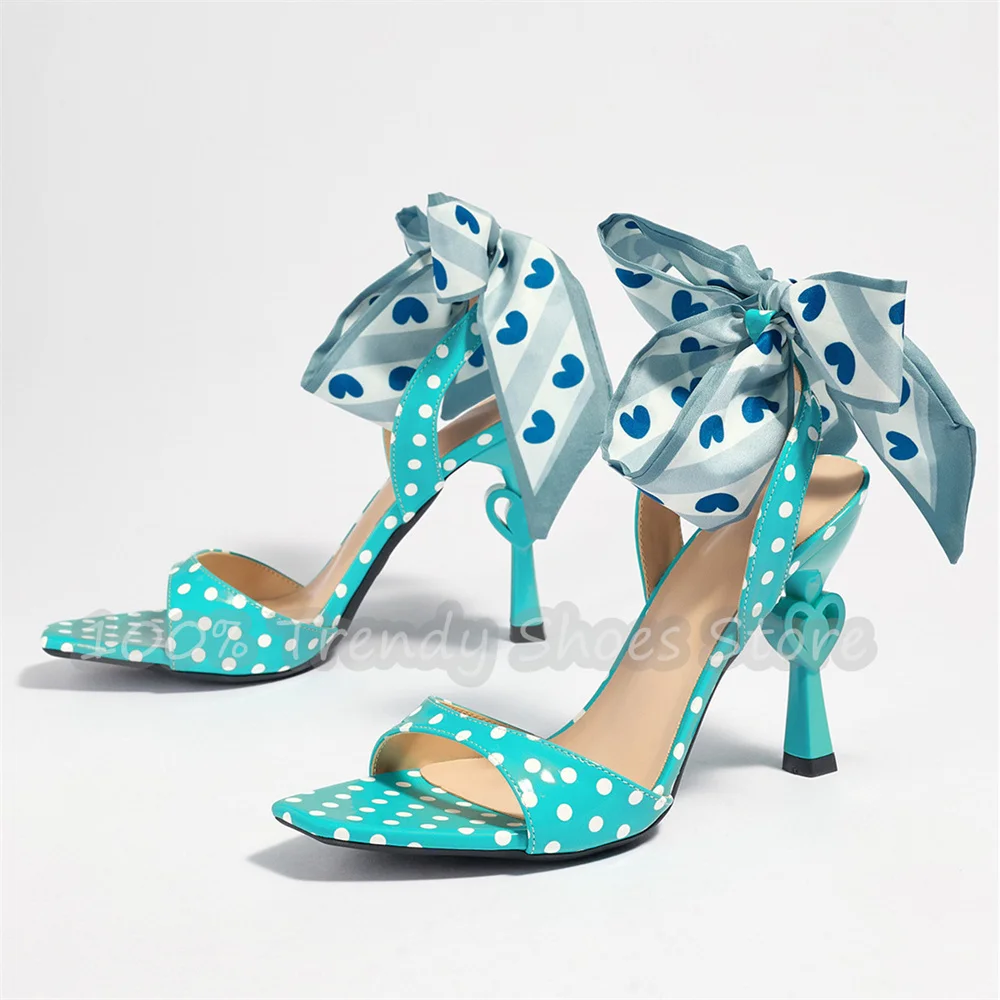 Polka Dot Bowknot Ankle Cross Strap Mules Women Open Toe Heart Decor Stiletto High Heel Sandals Wedding Club Party Dress Shoes - view 3