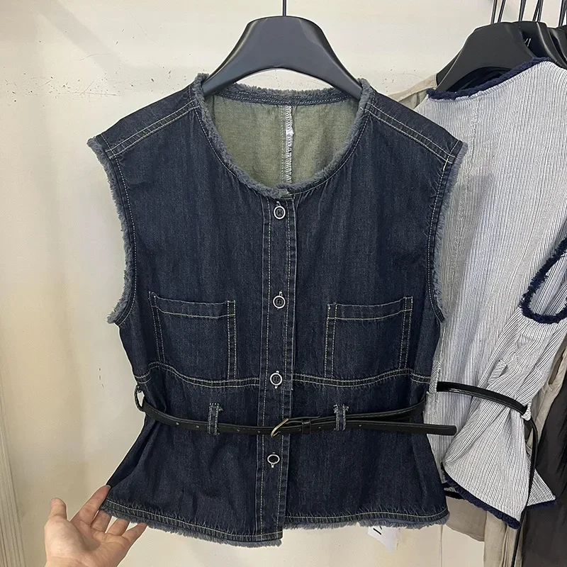 

Cowboy vest vest female summer 2024 new retro burr waist sleeveless belt fashion round neck top. jackets vest for women