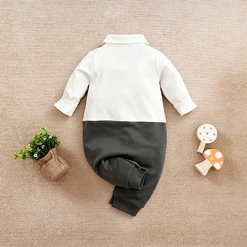 Newborn Baby Boys Spring Autumn Gentleman Fake Vest One‑Piece Romper Pure Cotton A‑Class Safe Soft Breathable Jumpsuit 0‑18M