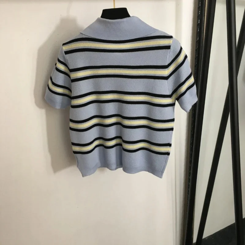 

summer new women's clothing Europe and the United States casual style striped knit lapel sweater day sweet short-sleeved top