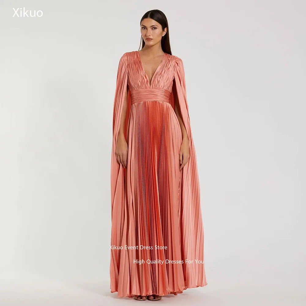 

Xikuo Deep V Neck Flowy Evening Dresses A Line Cape Sleeves Prom Dresses Modern Pleated Hem Vestidos De Fiesta Mujer Customized