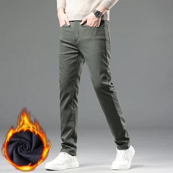 Winter New 2025 Fleece Pants Men's Thick Slim Elastic Business Casual Velvet Pants Warm Fashion Solid Color Plush Trousers Male 2