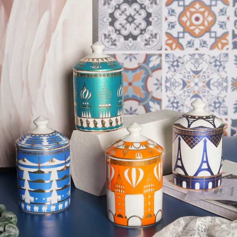 European Style Architecture Scented Candle Jar Vintage Ceramic Candy Jar Multifunctional Jewelry Storage Bottle Home Decoration
