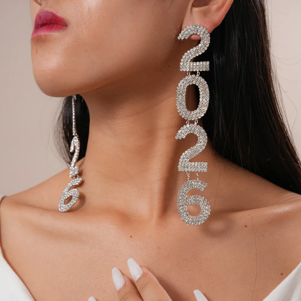 بدلة مجوهرات جمالية عتيقة 2026 مبالغ فيها من حجر الراين سنة جديدة سعيدة أقراط قطرة طويلة لامعة 2026 قلادة عيد الميلاد