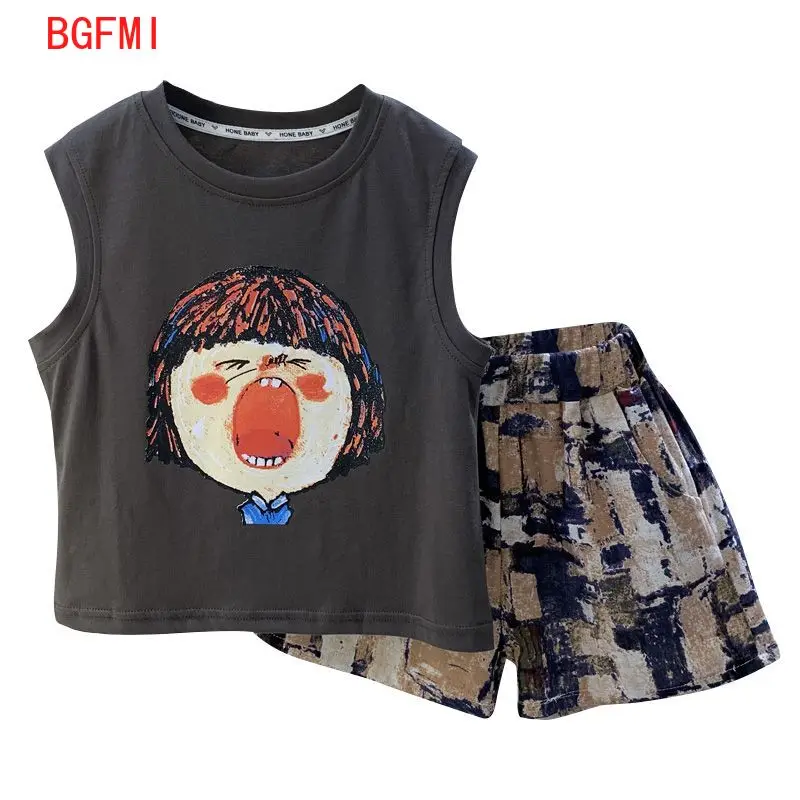 

Korean Children's Clothes 2024 Teenage Boys Loungewear Summer New Loose Top Vest Sleeveless T-shirt + Shorts Two-piece-clothing