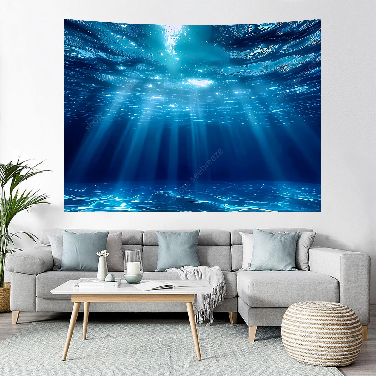 Ocean Tapestry Bright Gravel Bottom and Wave Surface Tropical Seascape Abyss Underwater Picture Wall Tapestry for Room Decor