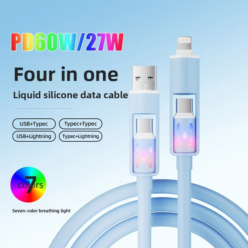 4-in-1 PD60W Super Fast Charging Cable RGB Breathing Light Type-C For iPhone7-16ProMax iPad Notebook Tablet Mobile Phone Samsung
