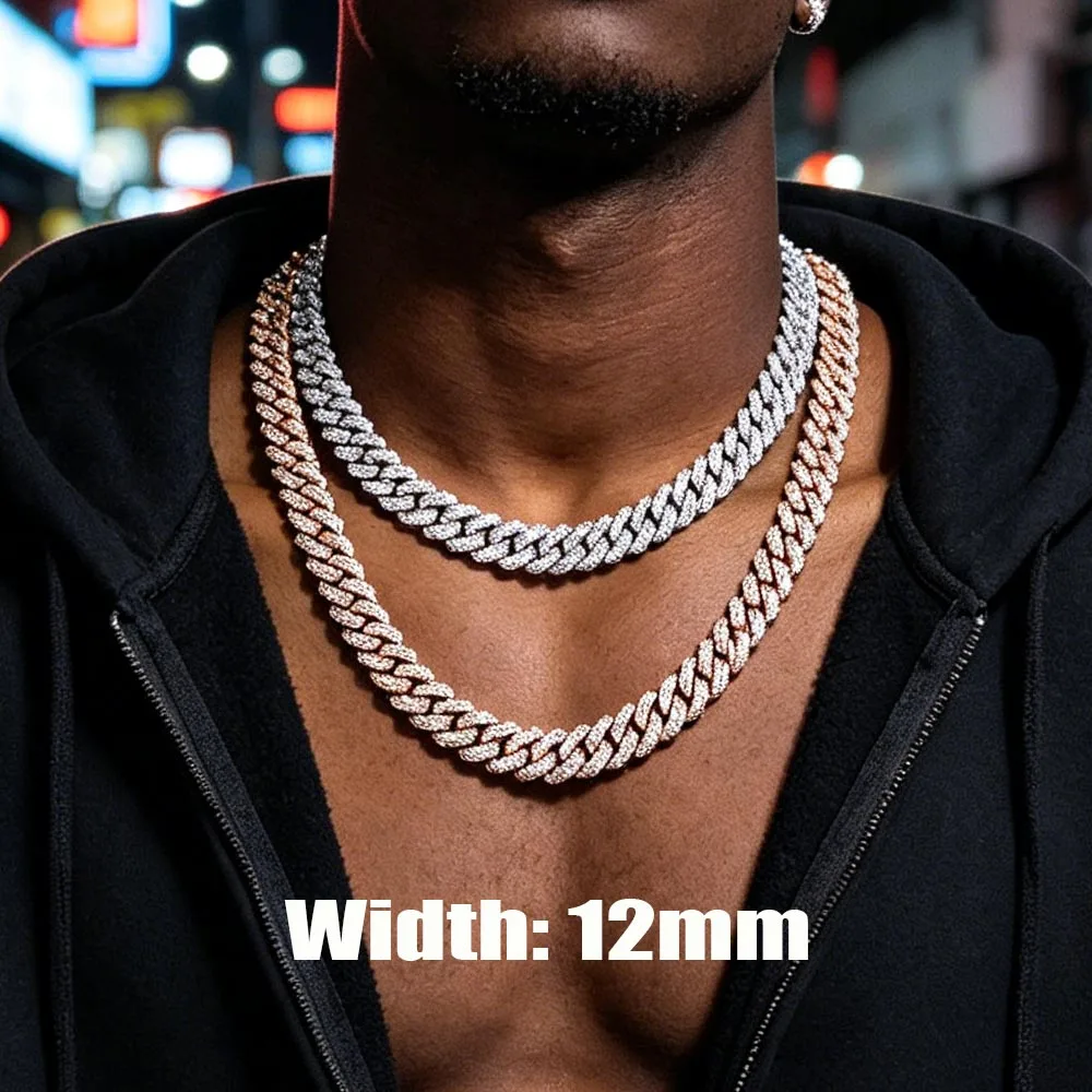 12mm Iced Out CZ Cuban Link Chain Necklace for Men Women Luxury 2 Row Rhinestone Paved Miami Rhombus Hip Hop Jewelry Gifts