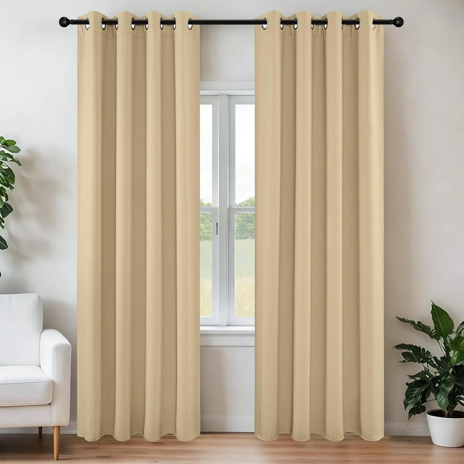 Thermal Insulated Room Darkening Beige Grommet Long Window Curtain Drapes Set Two Panels