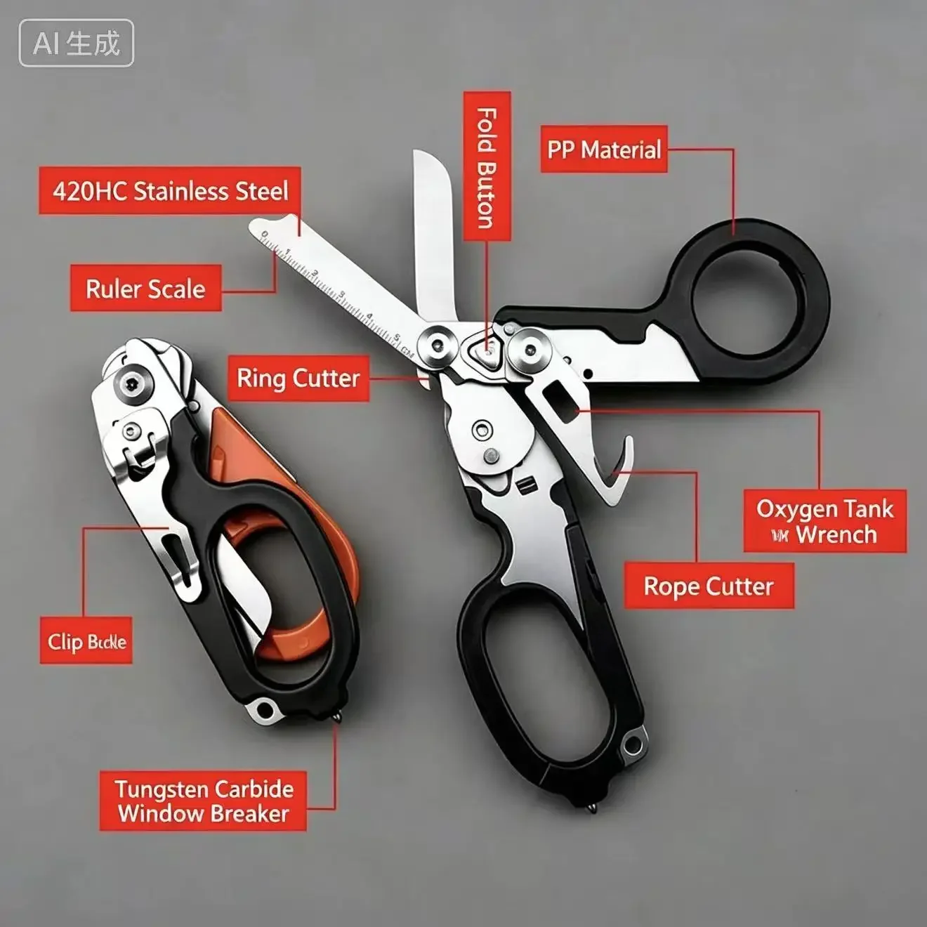 Multi‑function Folding Rescue Shears, Camping Tactical Emergency Medical Scissors, 420HC Stainless Steel Tool with Window Breake