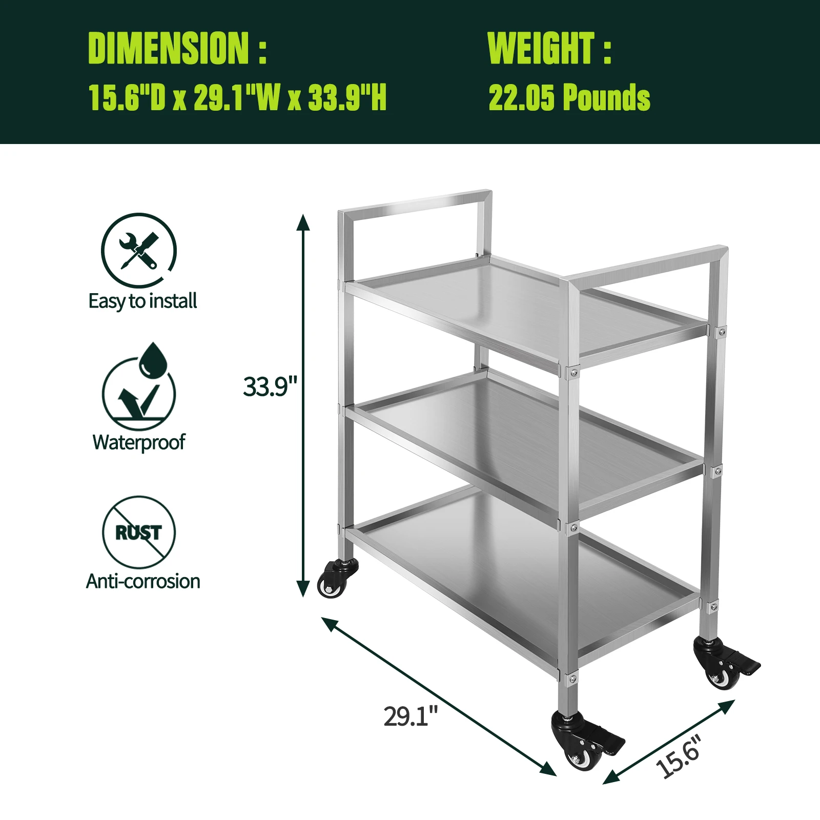 Stainless Steel Serving Cart, 3-Tier Kitchen Utility Cart with Locking Wheels 400 lbs Capacity, for Restaurant, Hospital & Home