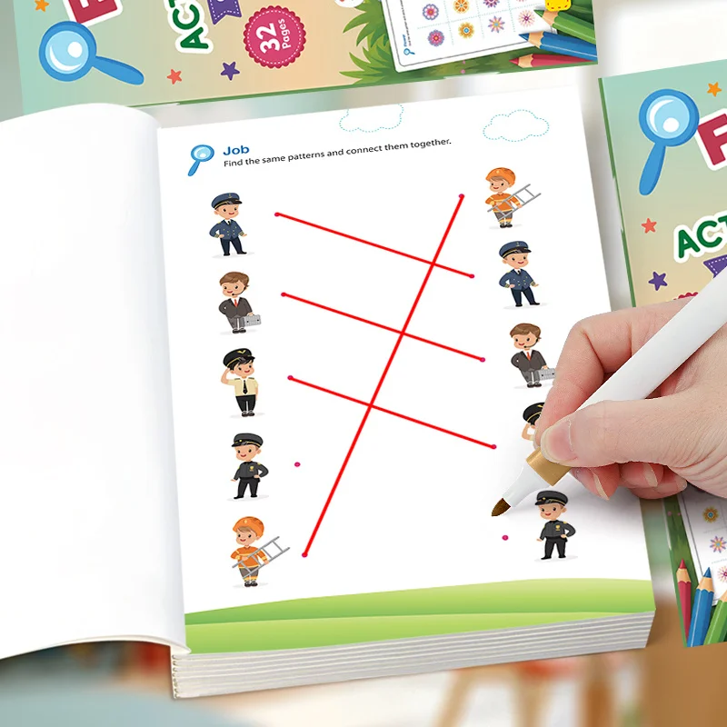 Matching Fun Game Book, Animal/profession/leaf/fruit and Vegetable Theme, Circle Drawing/connection Exercise Book, 32 Pages