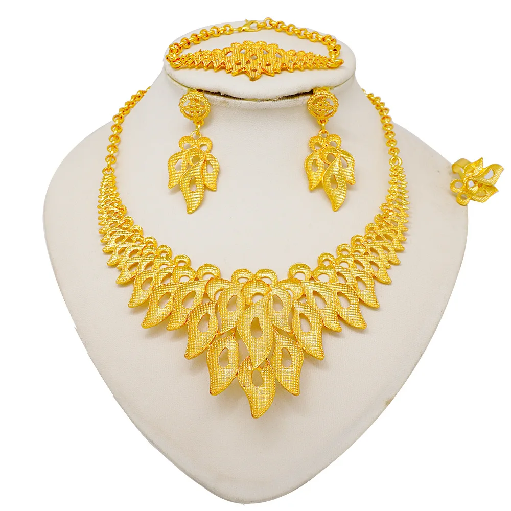 Women's 24K Gold Leaf-Shaped Set (Necklace/Earrings/Bracelet/Ring), AU999 Hammered with textured leaves,symbolizing life's cycle
