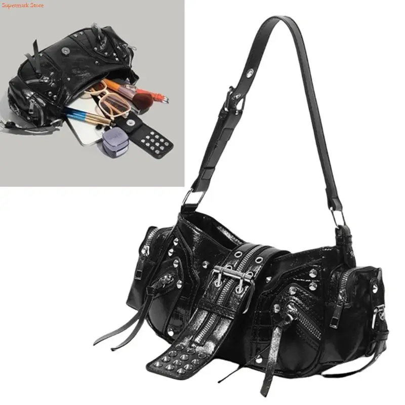 

Q5WE Stylish Punk Rivets PU Leather Armpit Bag for Women Evening Purse Shoulder Purses Easy Organization And Durability