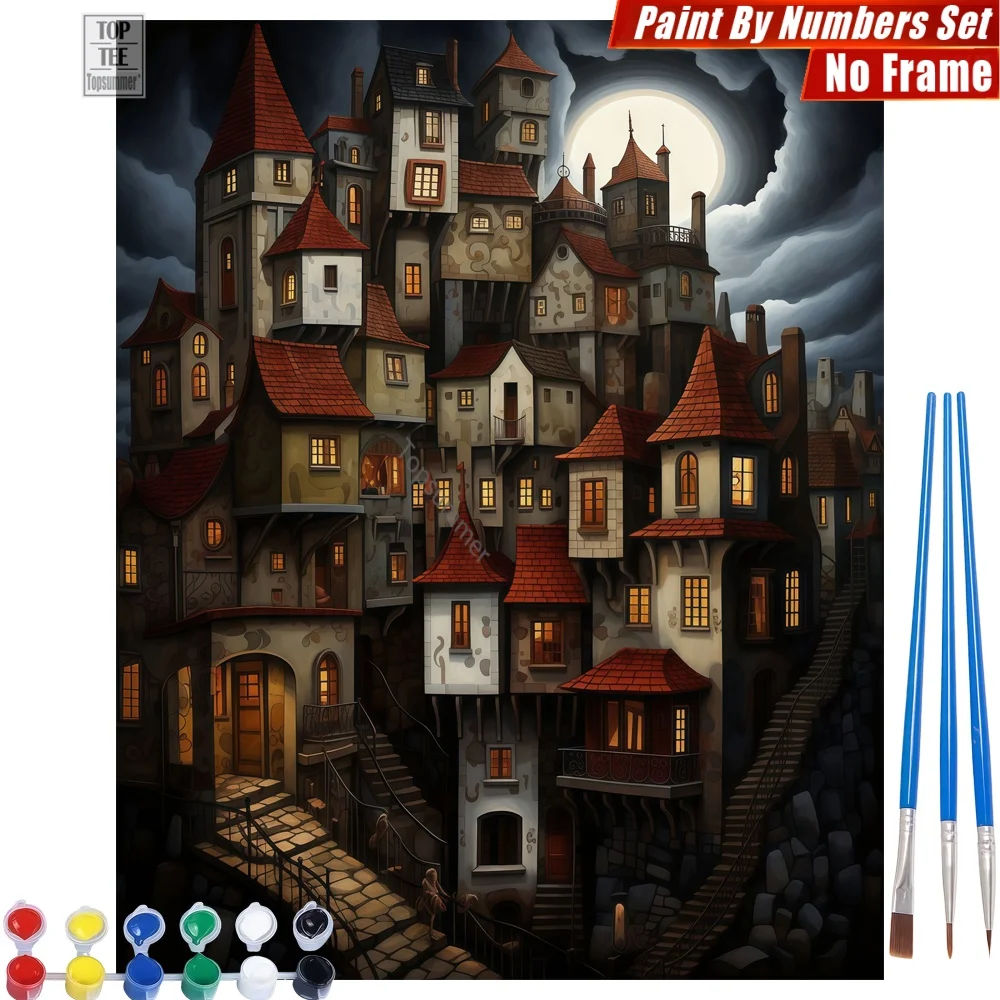 

Набор для рисования по номерам «Винтажные домики» - Декор для комнаты с красной черепичкой и светящимся лунным светом, подарок на Новый год для папы