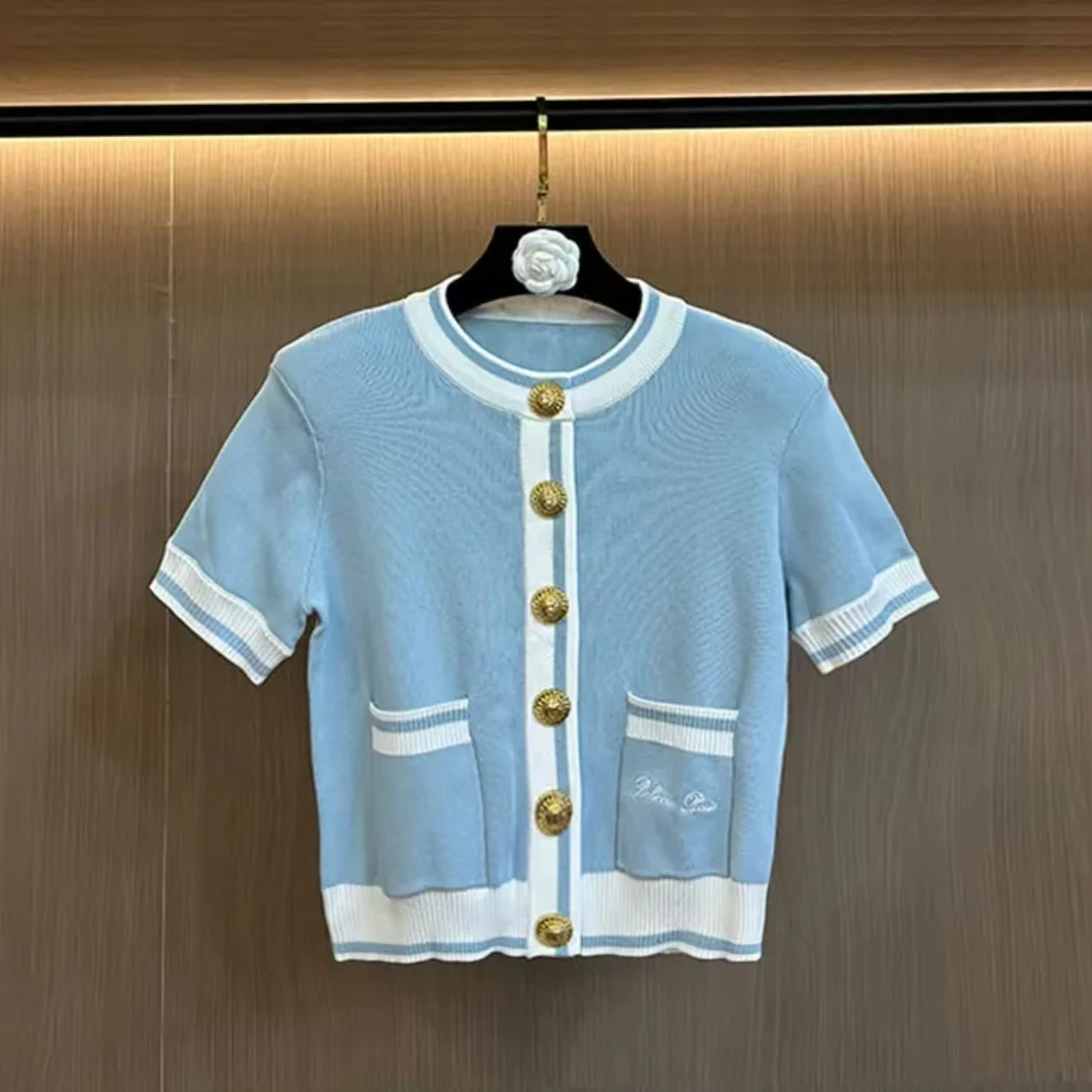 

High Quality Summer New Short Sleeved Round Neck Embroidered Letter Knitted Sweater Fashionable Cardigan Women's T-Shirt Top