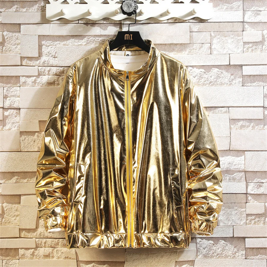 Fashion Gold Men's Stage Performance Suit Set Stand Collar Shiny Jacket and Long Pants Casual Outerwear Sports Suit Tracksuit