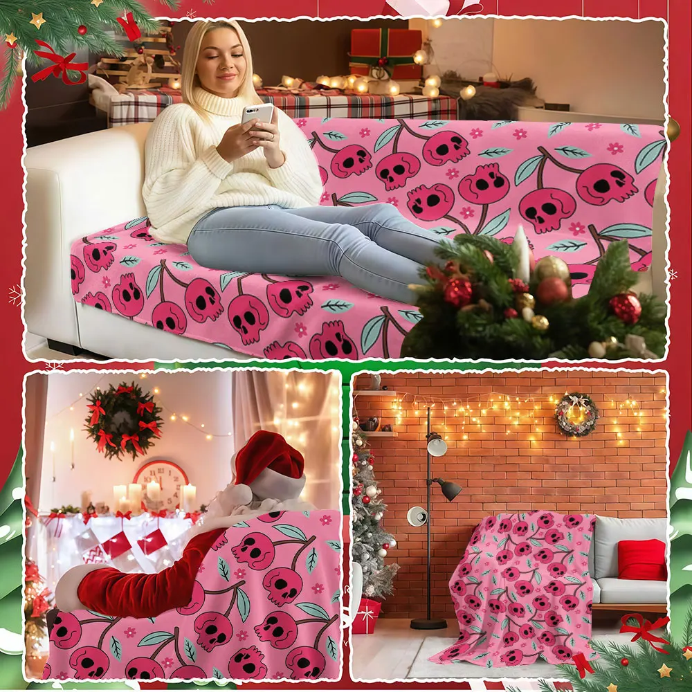 Skull Cherry Pop Winter Summer Flannel Blanket Throw Fleece Soft Fuzzy Plush Cozy Fleece Blankets for Sofa Ideal Gifts