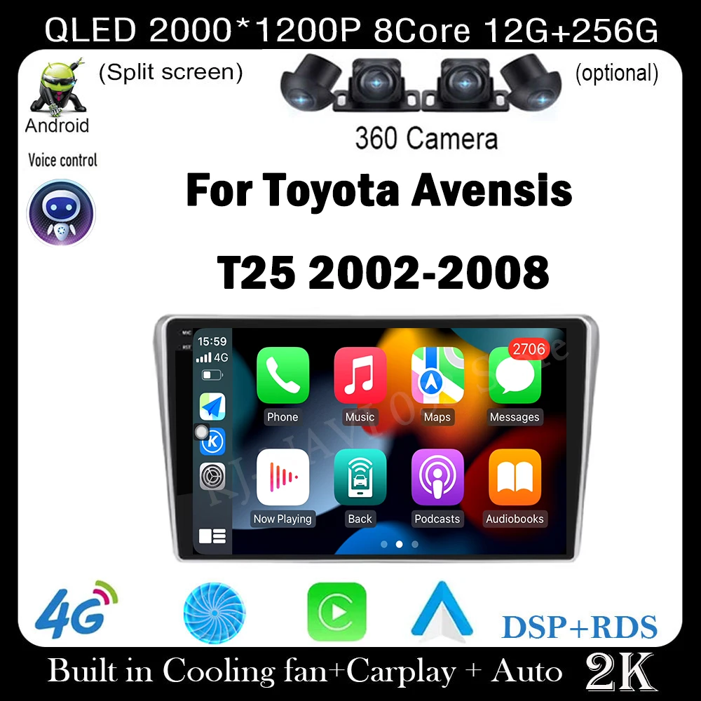 

9 "IPS/QLED для Toyota Avensis T25 2002-2008 Android 14 автомобильный радиоприемник мультимедийный видеоплеер стерео навигация GPS Carplay 4G WIFI