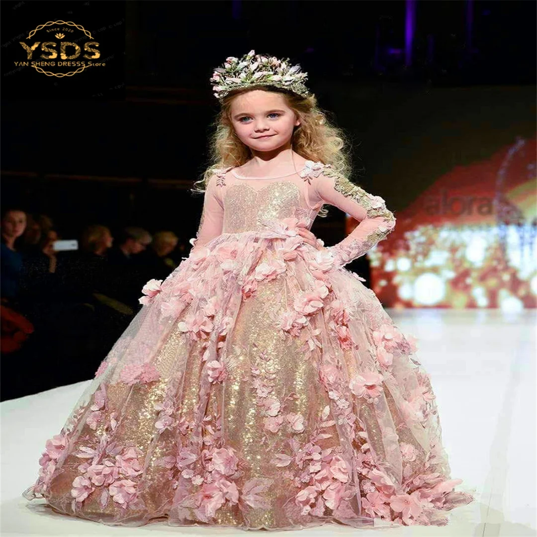 

Gold Girls Pageant Dresses Sequined Ball Gown Long Sleeves Toddler Flower Girl Dress Floor Length 3D Appliques First Communi