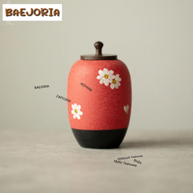 Hawthorn Red Hand-painted Daisy Tea Box Organizer Moisture-proof Elegant Storage Tank Containers Tea Caddy Tea Items Gift Craft