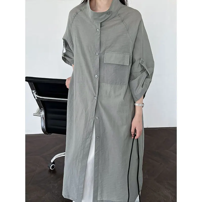 

SuperAen, новое летнее свободное пальто для женщин, однобортное пальто-рубашка в корейском стиле с воротником-стойкой и длинными рукавами