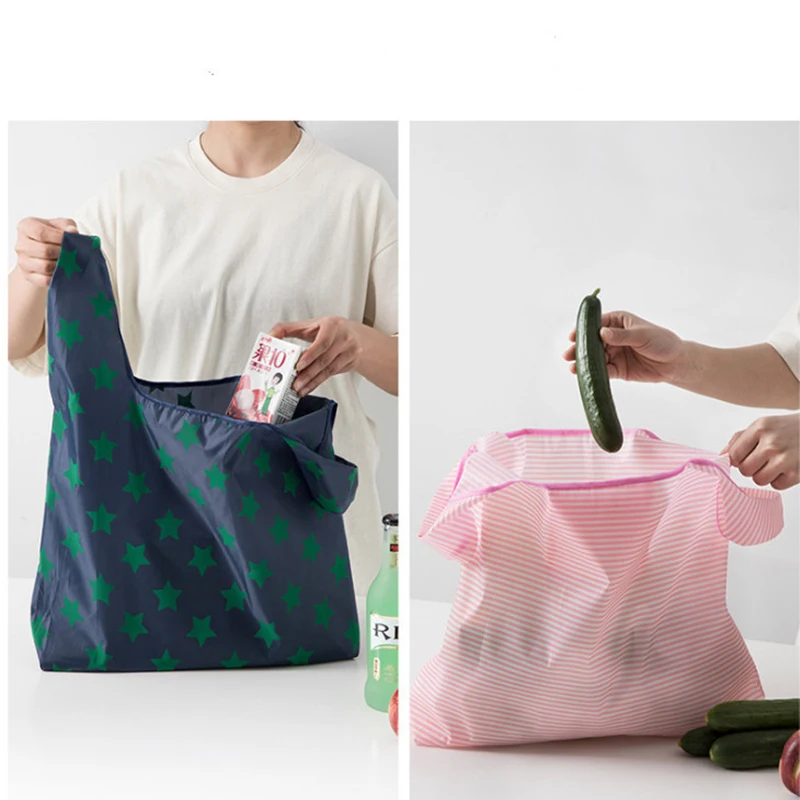 

Hot Sale Fashion Printing Foldable Green Shopping Bag Tote Folding Pouch Handbags Convenient Large-capacity Storage Bags