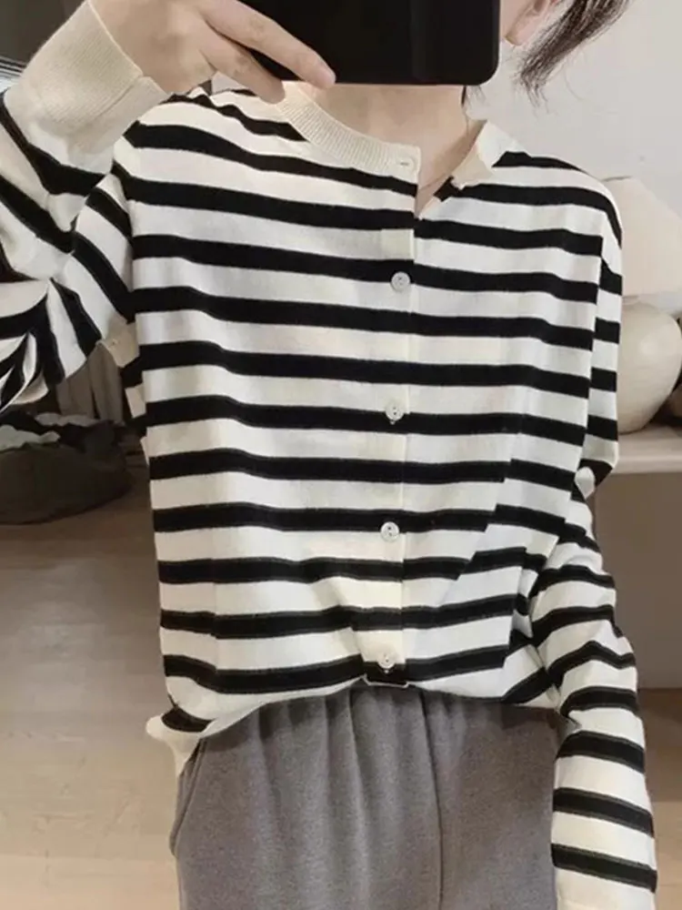 Ele minceur tricoté Cardigan Long Sve rond Ne décontracté rayé femmes haut trajet Sle Version coréenne hiver Faion